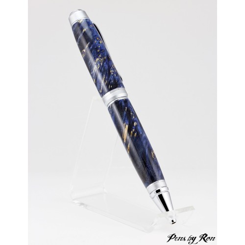 Handcrafted ballpoint pen in dyed box elder with chrome accents