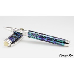 Stunning abalone roller ball pen handcrafted with rhodium and gold accents