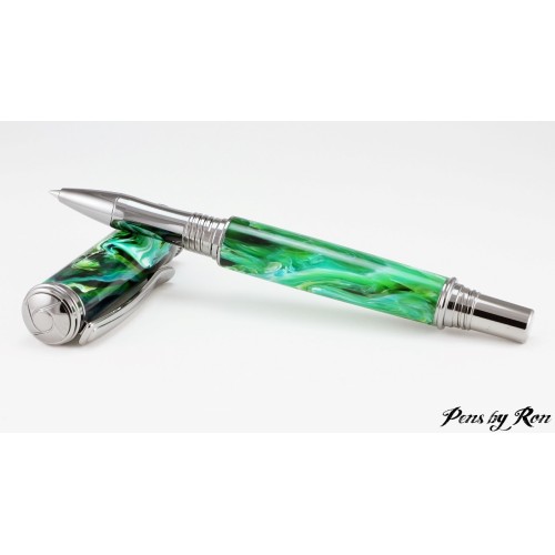 Stunning green swirled handcrafted roller ball pen with black titanium accents