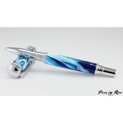 Deep blue swirled roller ball pen handcrafted with chrome accents