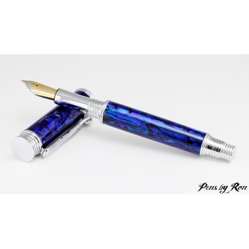 Unique blue abalone fountain pen custom made with chrome accents