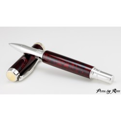 Stunning red abalone on a rollerball pen handcrafted with rhodium accents