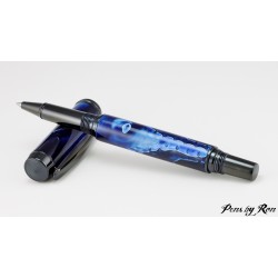 Wonderfully patterned mesh resin on a handmade rollerball pen with black titanium accents