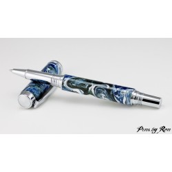 Handcrafted chrome rollerball pen with mesmerizing swirled acrylic pattern